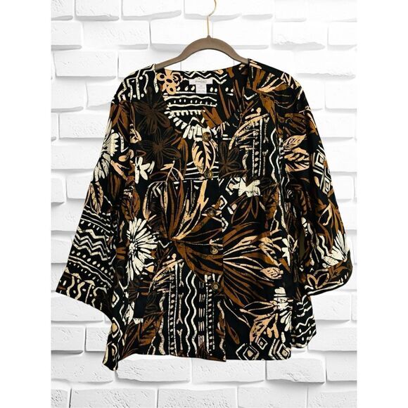 Dressbarn Woman 2X Button Up Blouse Tribal Design 3/4 Sleeve Button Cuffs Boho - Picture 1 of 10